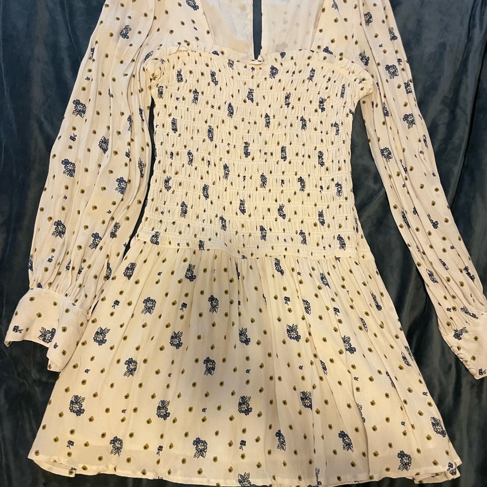 Free People Cream and Blue Floral Smocked Dress